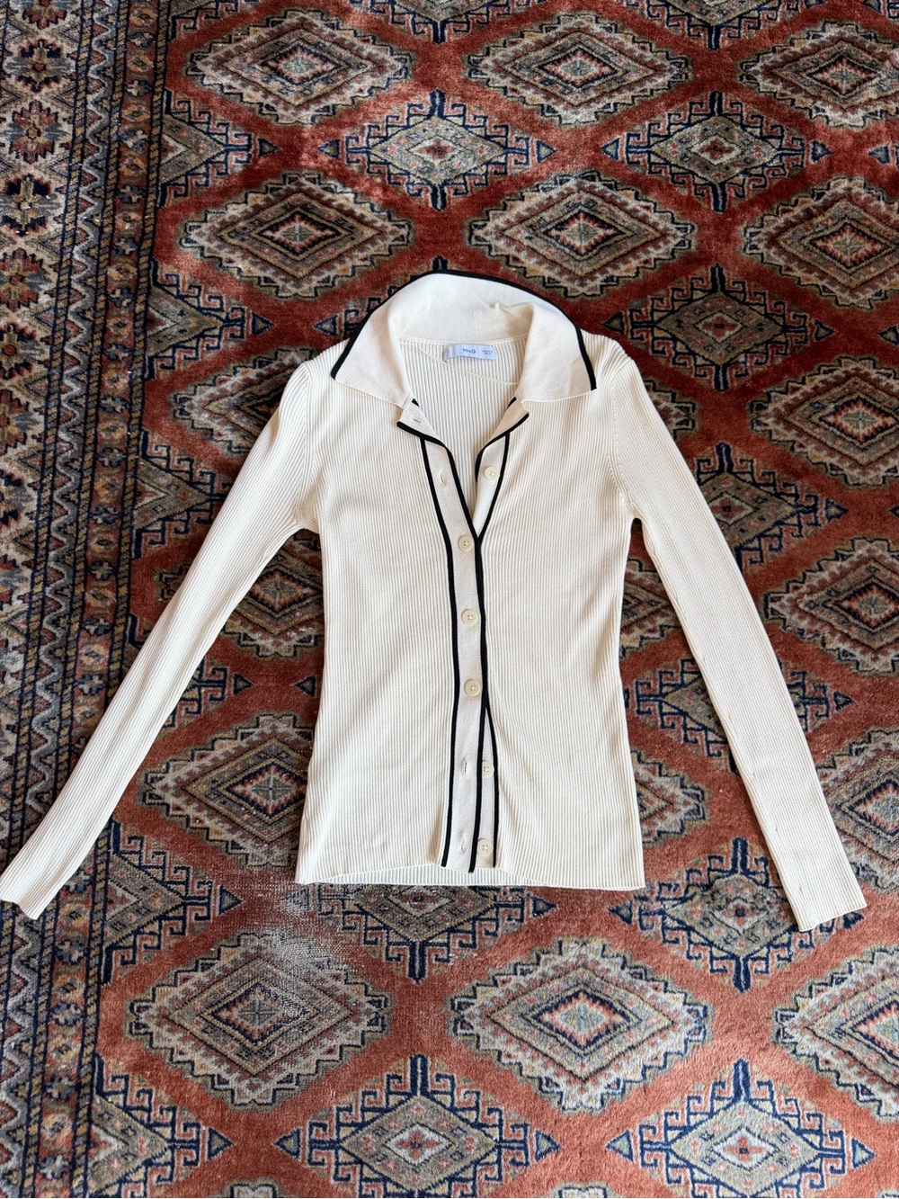 Mango Cream Ribbed Button-Down Top with Black Trim